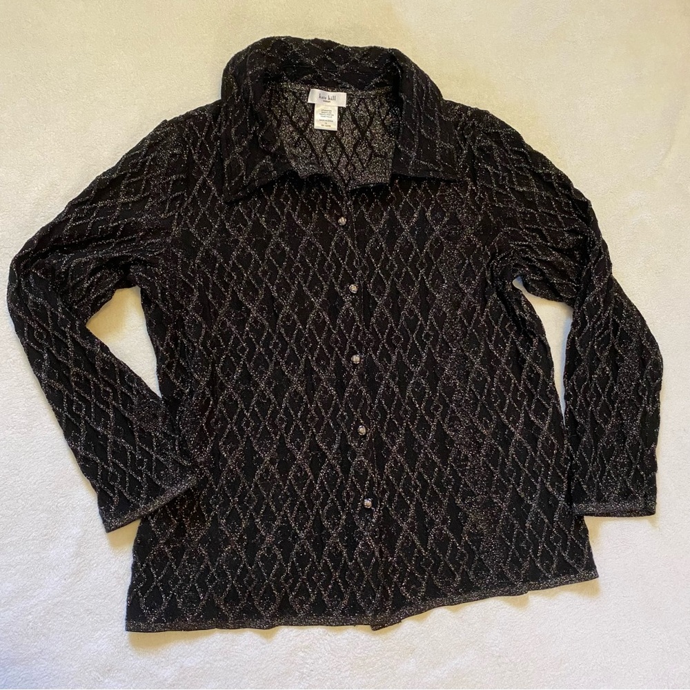 Kate Hill Metallic Silver Black Collared Cardigan Size 1X